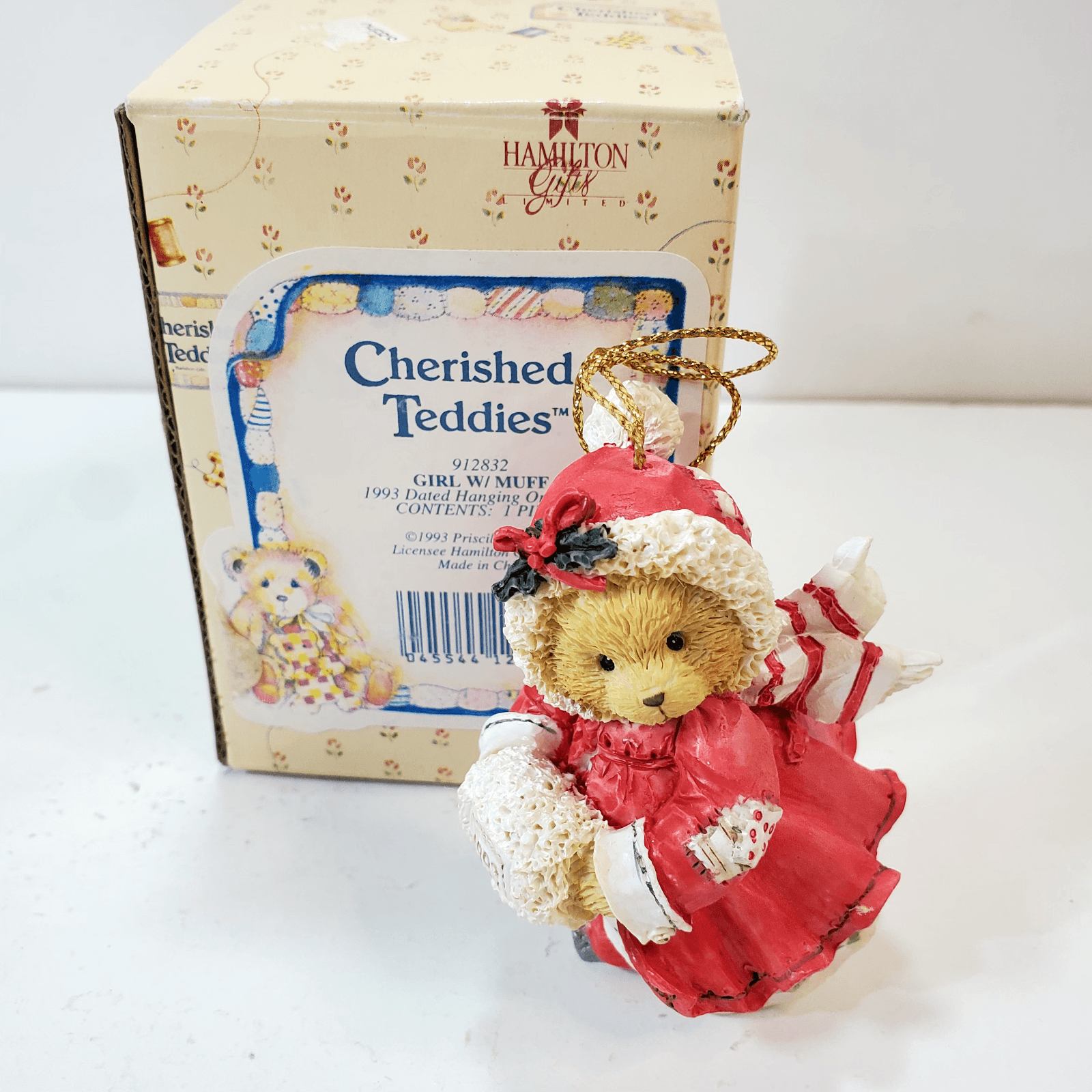 Vtg Cherished Teddies Girl with Muff Ornament Figure Teddy Bear 1993 Christmas
