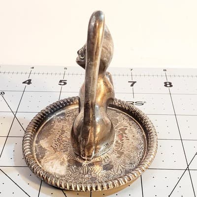 Vintage Silver Plated Cat Ring Holder on Etched Trinket Tray 3.5” Tall Hong Kong - Thumbnail 6