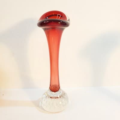 Vintage Red Art Glass Tulip Jack In The Pulpit Bud Vase Controlled Bubbles Base - Thumbnail 2