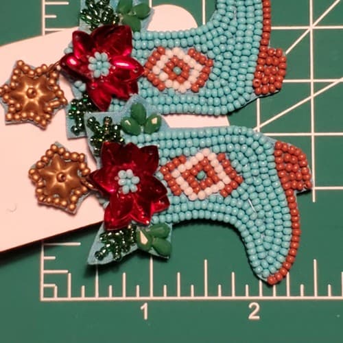 Christmas Western Boots Pointsettia Post Stud Earrings Turquoise Seed Bead 2.5" - Thumbnail 3