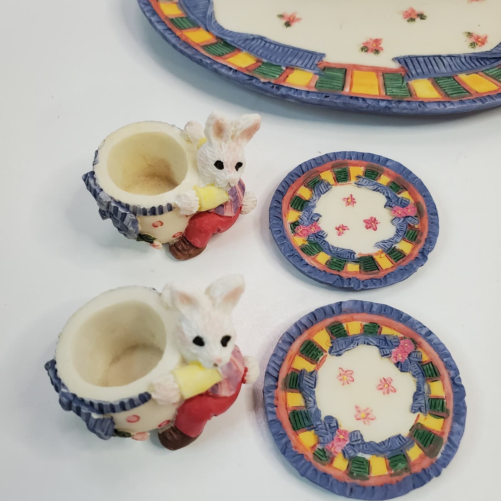1995 Young's Inc. Miniature Mini Tea Set Bunny Rabbit Flowers Design 7 pc Easter - Thumbnail 2