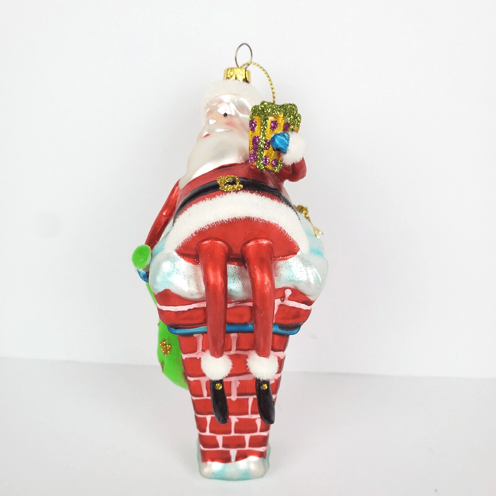 Santa Claus Going Down Chimney Present Blown Glass Figural Christmas Ornament 5” - Thumbnail 3
