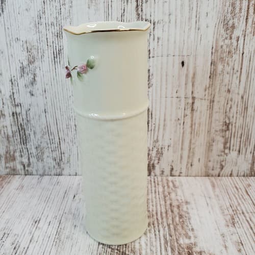 Vintage Otagiri Basket Weave & Roses Bud Vase 6" Tall Ivory w/ Gold Trim Japan - Thumbnail 6