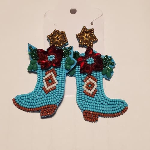 Christmas Western Boots Pointsettia Post Stud Earrings Turquoise Seed Bead 2.5"