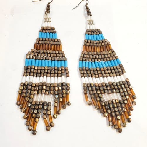 Tribal Earrings Native 4 inch Long Boho American Seed Beads Handmade Earring - Thumbnail 2