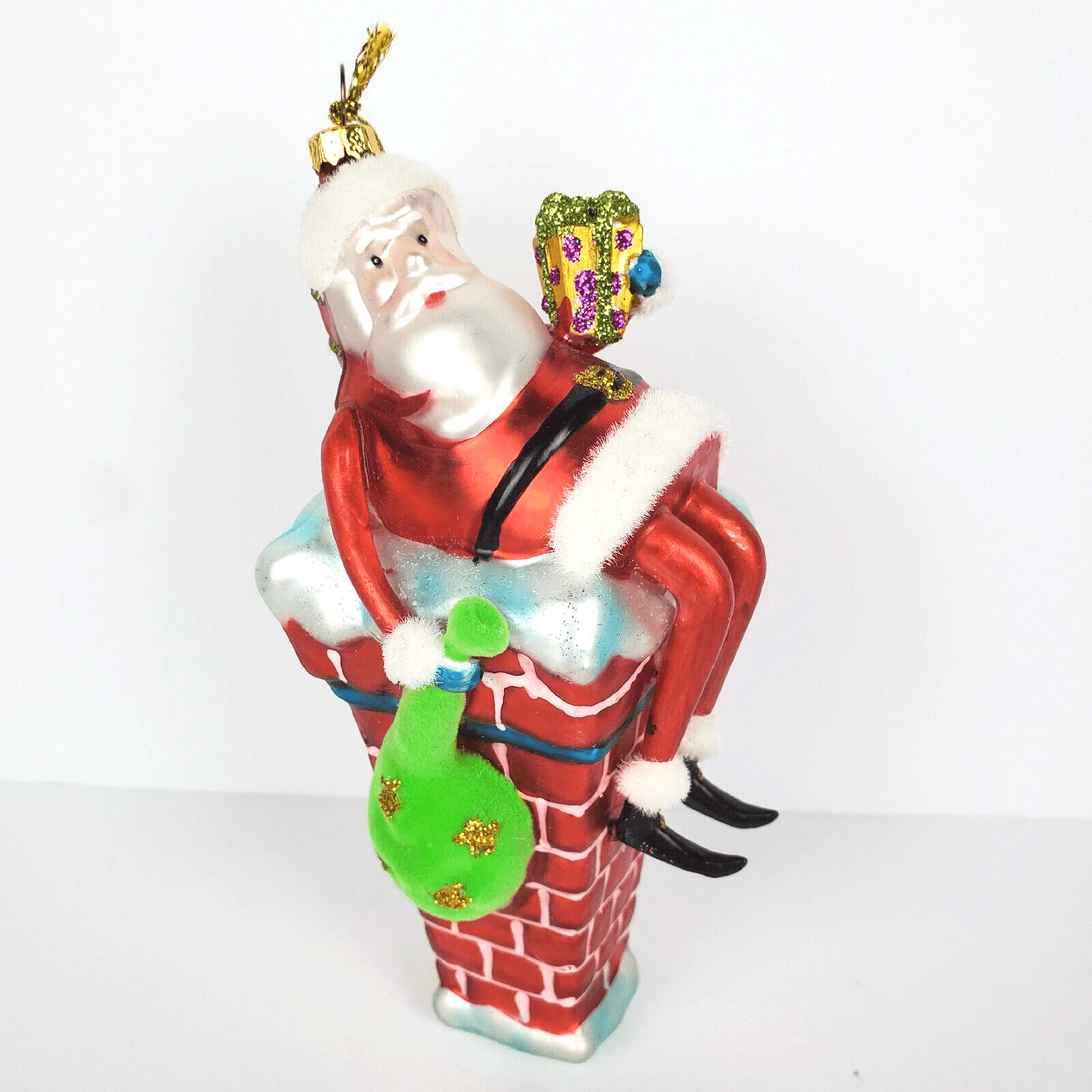 Santa Claus Going Down Chimney Present Blown Glass Figural Christmas Ornament 5”