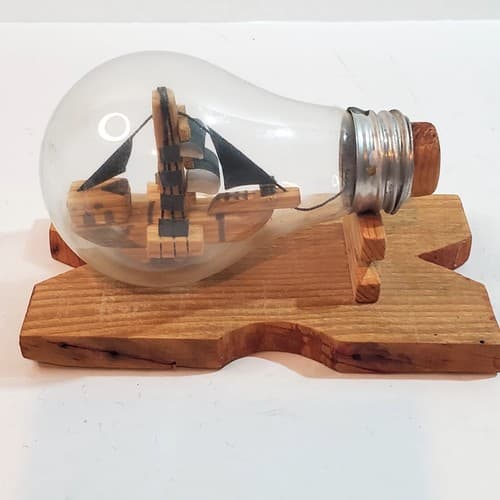 Vintage Handmade Wooden Miniature Ship in a Light Bulb w/ Base Nautical Sailing - Thumbnail 5