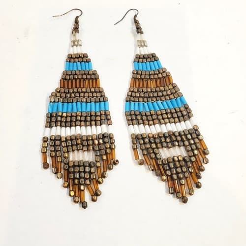Tribal Earrings Native 4 inch Long Boho American Seed Beads Handmade Earring - Thumbnail 4