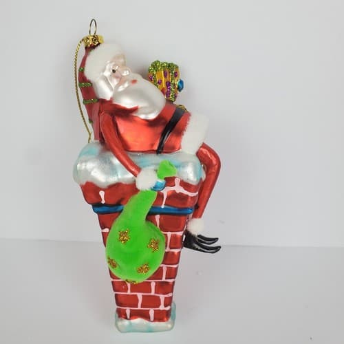 Santa Claus Going Down Chimney Present Blown Glass Figural Christmas Ornament 5” - Thumbnail 6
