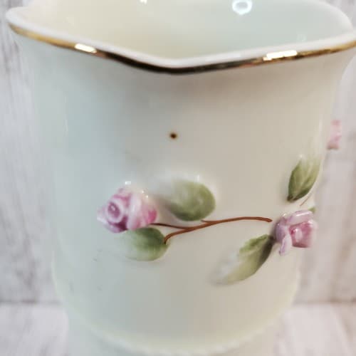 Vintage Otagiri Basket Weave & Roses Bud Vase 6" Tall Ivory w/ Gold Trim Japan - Thumbnail 3