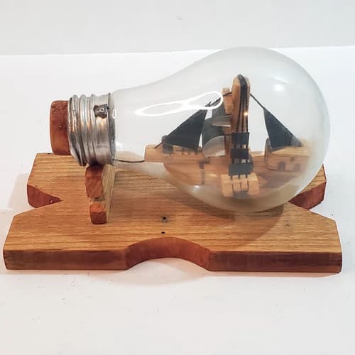 Vintage Handmade Wooden Miniature Ship in a Light Bulb w/ Base Nautical Sailing