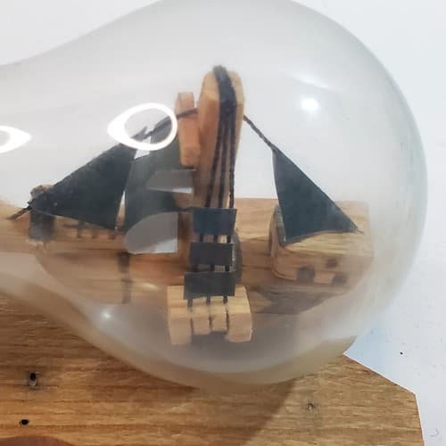 Vintage Handmade Wooden Miniature Ship in a Light Bulb w/ Base Nautical Sailing - Thumbnail 2
