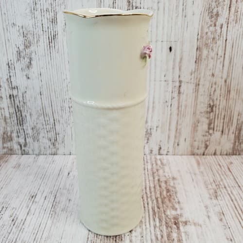Vintage Otagiri Basket Weave & Roses Bud Vase 6" Tall Ivory w/ Gold Trim Japan - Thumbnail 4