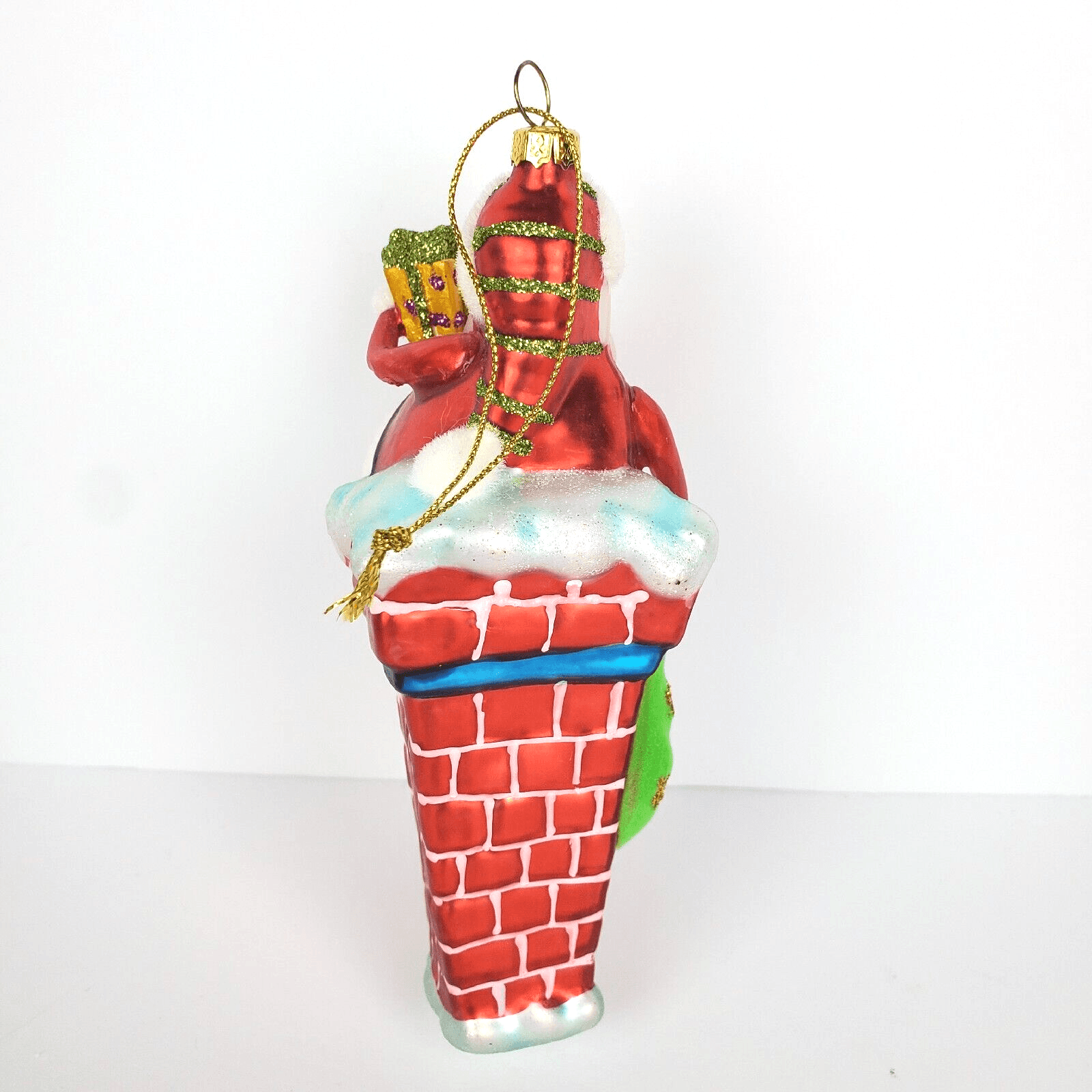 Santa Claus Going Down Chimney Present Blown Glass Figural Christmas Ornament 5” - Thumbnail 5