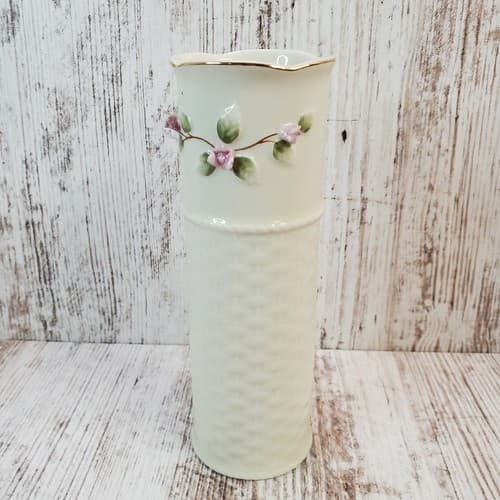 Vintage Otagiri Basket Weave & Roses Bud Vase 6" Tall Ivory w/ Gold Trim Japan