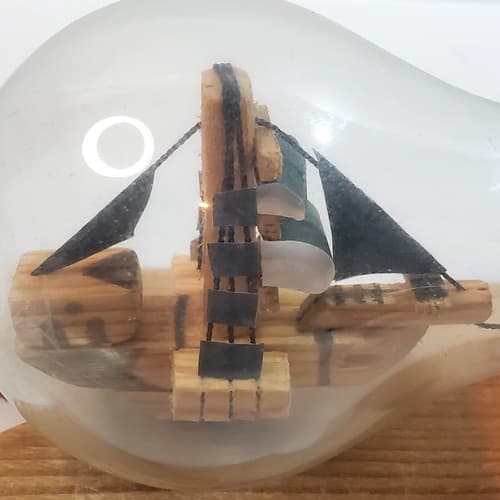 Vintage Handmade Wooden Miniature Ship in a Light Bulb w/ Base Nautical Sailing - Thumbnail 6