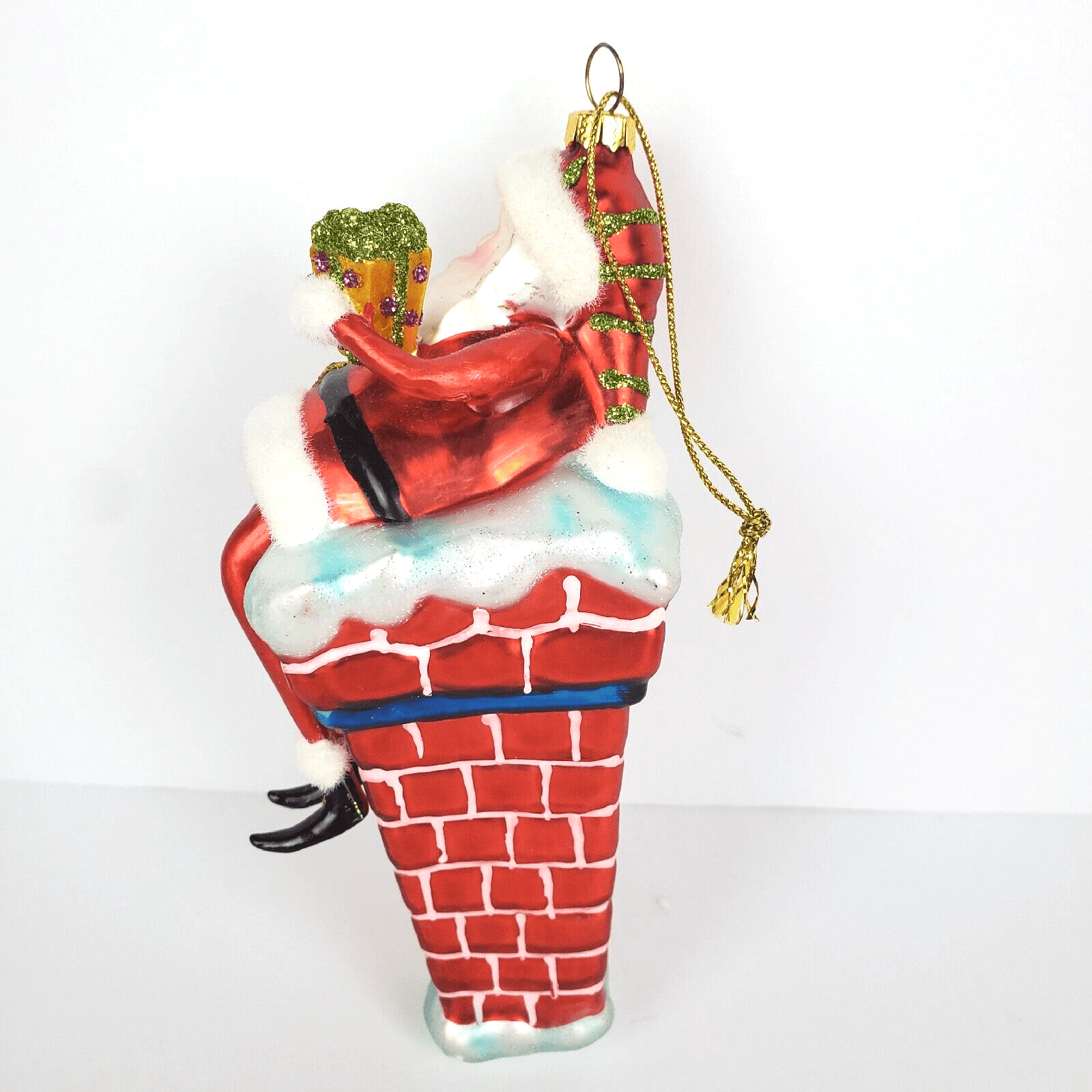 Santa Claus Going Down Chimney Present Blown Glass Figural Christmas Ornament 5” - Thumbnail 4