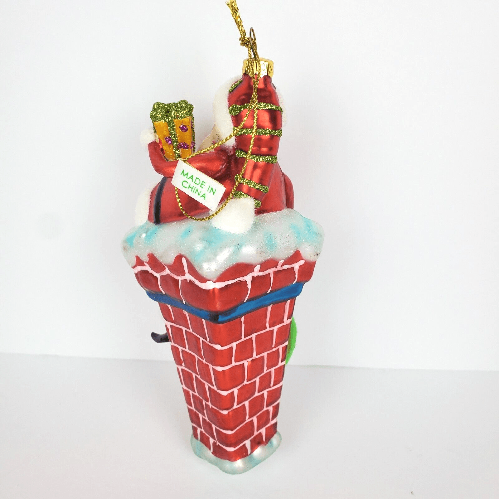 Santa Claus Going Down Chimney Present Blown Glass Figural Christmas Ornament 5” - Thumbnail 2