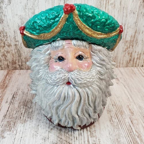 Vtg Signed Old World Santa Ceramic Head Cookie Candy Jar Holder Father Christmas