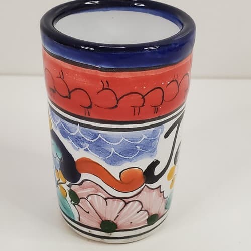 Hand Painted Mexican Folk Art Ceramic Tequila Shot Glass Toothpick Holder - Thumbnail 3