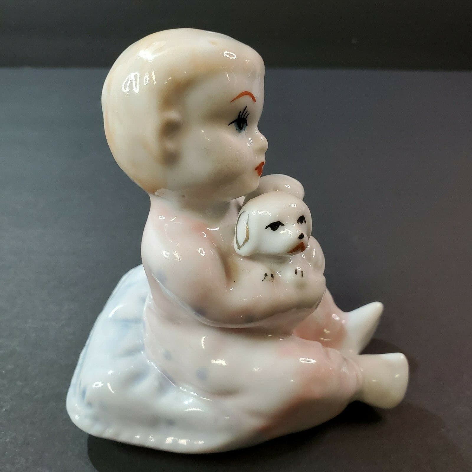 Vintage Ceramic Lusterware Child sitting on pillow holding dogs puppies Unmarked - Thumbnail 3