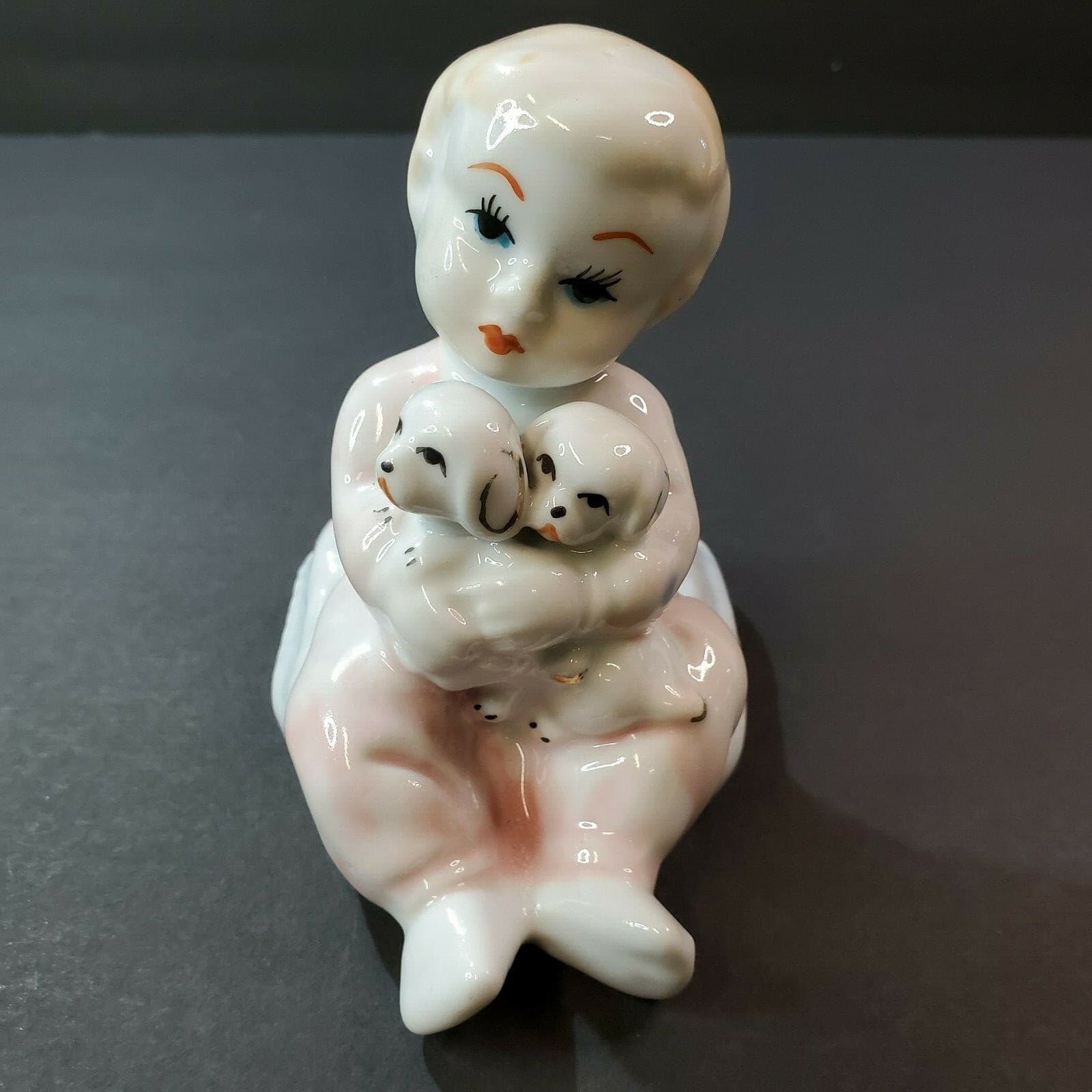 Vintage Ceramic Lusterware Child sitting on pillow holding dogs puppies Unmarked