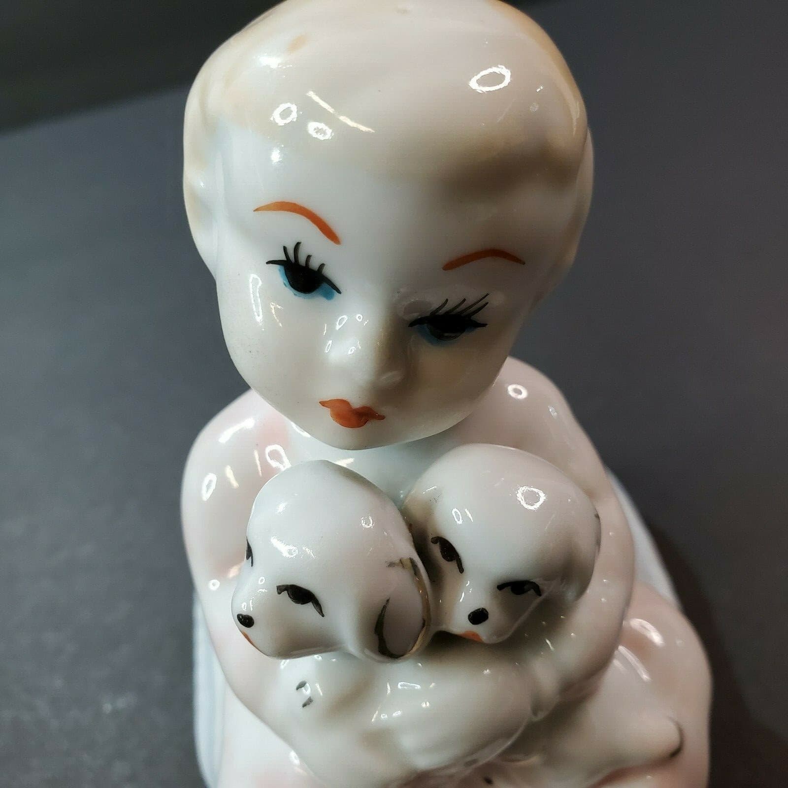 Vintage Ceramic Lusterware Child sitting on pillow holding dogs puppies Unmarked - Thumbnail 2