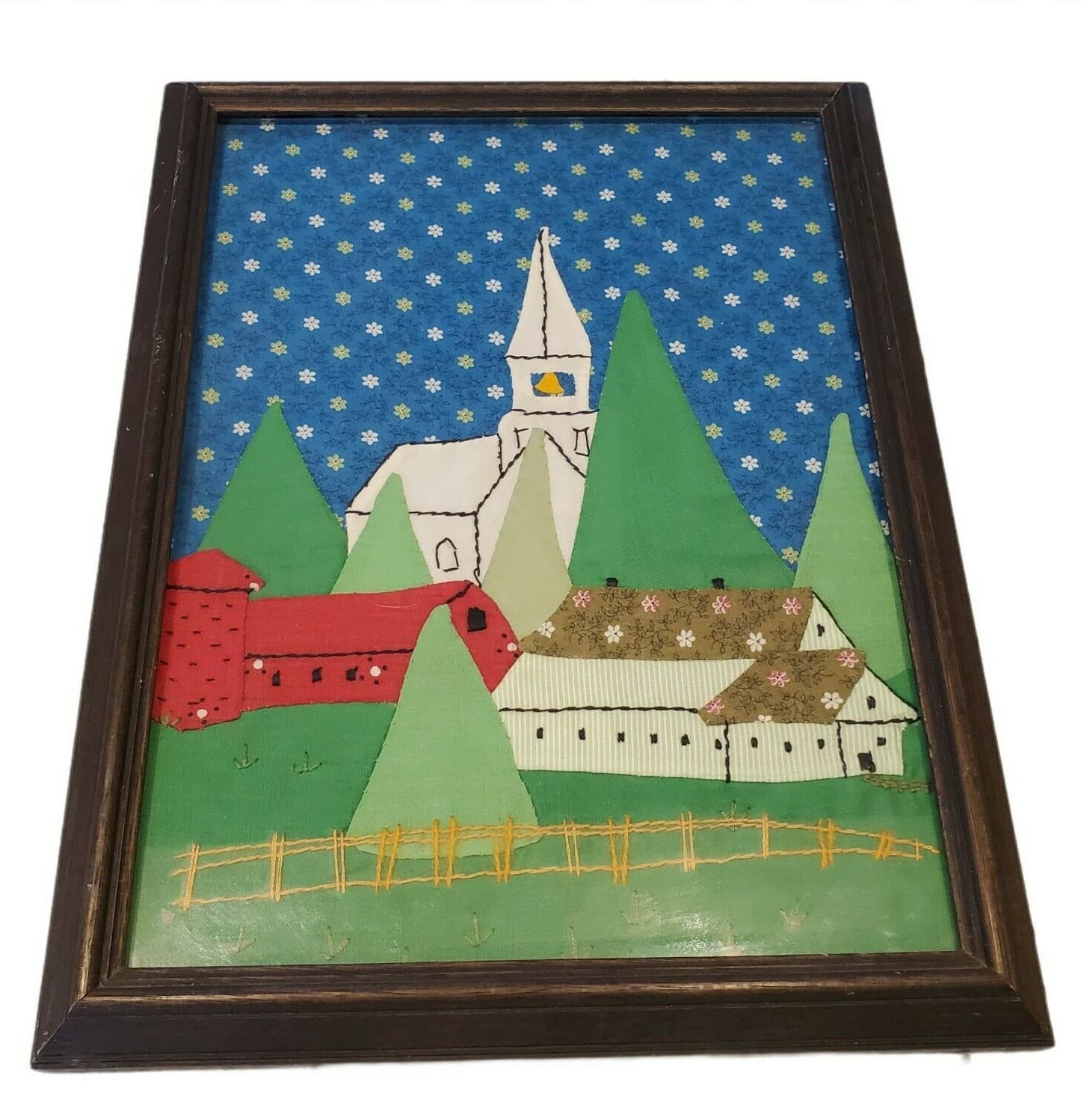 Vtg Rustic Primitive Patchwork Stitched Church Farm Scene Glass Framed Picture