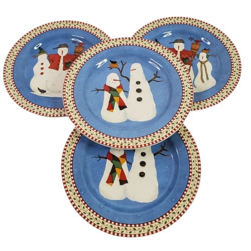 Sakura Debbie Mumm Salad Dessert Plates Snowman Christmas Holiday 8" Lot of 4