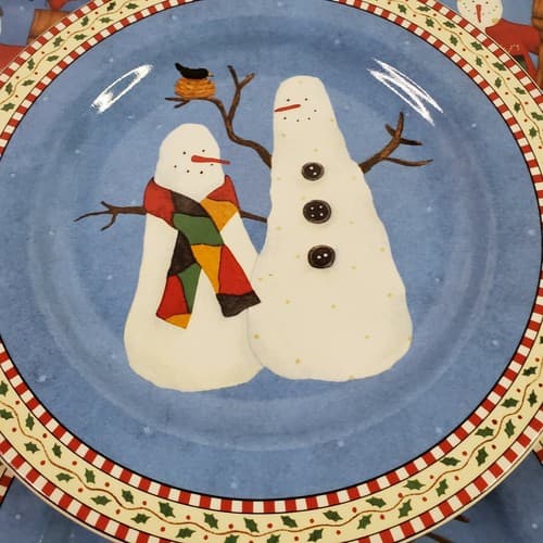 Sakura Debbie Mumm Salad Dessert Plates Snowman Christmas Holiday 8" Lot of 4 - Thumbnail 3
