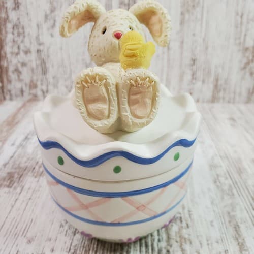 Vtg Houston Harvest Gift Easter Candy Ceramic Jar Dish With Bunny Rabbit & Chick - Thumbnail 2