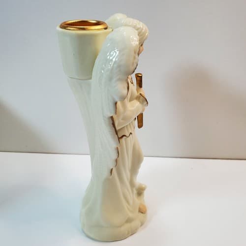 Vintage Hermitage Pottery 1999 Angel Taper Candle Holder White w/ Gold Trim - Thumbnail 2