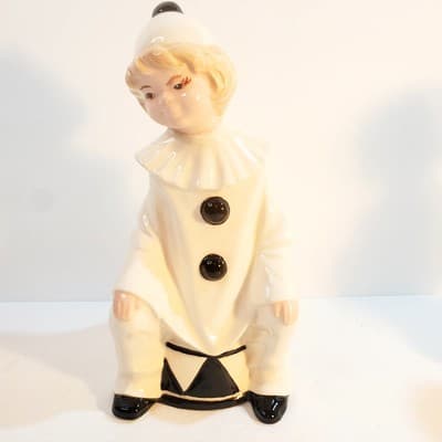 Vtg 1980 Byron Mold Pierrot Sitting Clown Black White Art Deco Ceramic Figurine