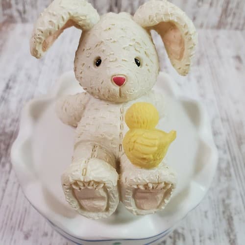 Vtg Houston Harvest Gift Easter Candy Ceramic Jar Dish With Bunny Rabbit & Chick - Thumbnail 3