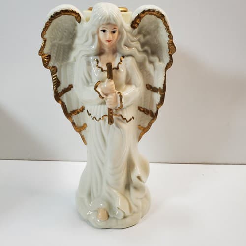 Vintage Hermitage Pottery 1999 Angel Taper Candle Holder White w/ Gold Trim