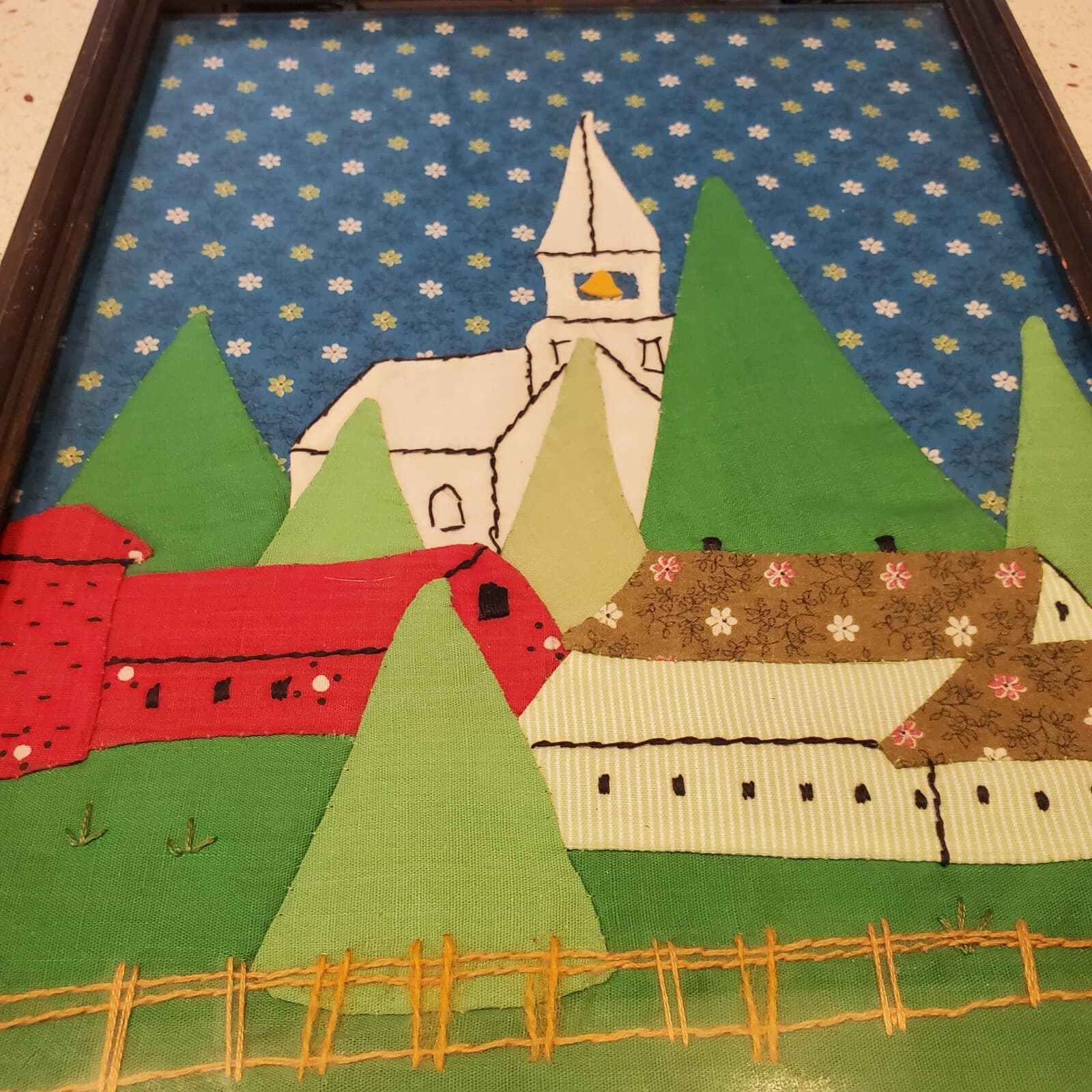 Vtg Rustic Primitive Patchwork Stitched Church Farm Scene Glass Framed Picture - Thumbnail 3