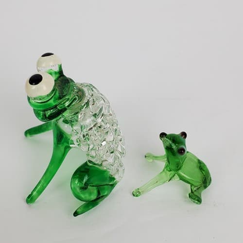 Hand Blown Art Glass Set of 2 Miniature Frog Figurine Clear Green Big Eyes - Thumbnail 4