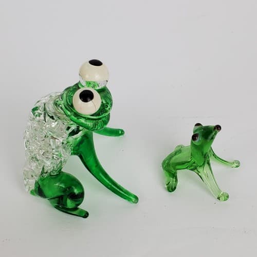 Hand Blown Art Glass Set of 2 Miniature Frog Figurine Clear Green Big Eyes - Thumbnail 2