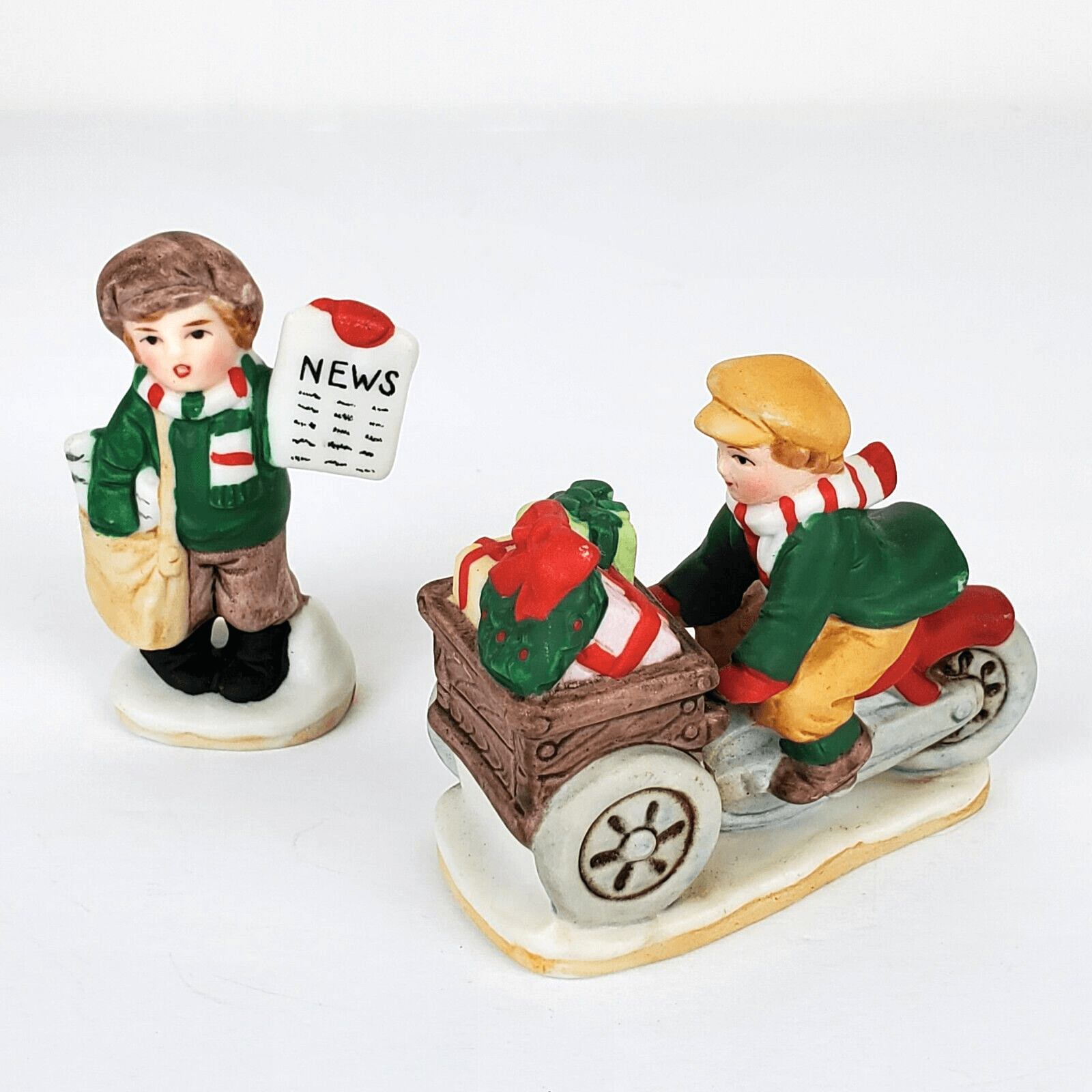 Vtg LEFTON Colonial Christmas Boy Riding Bike & Newsboy Figurines #06546 #06548