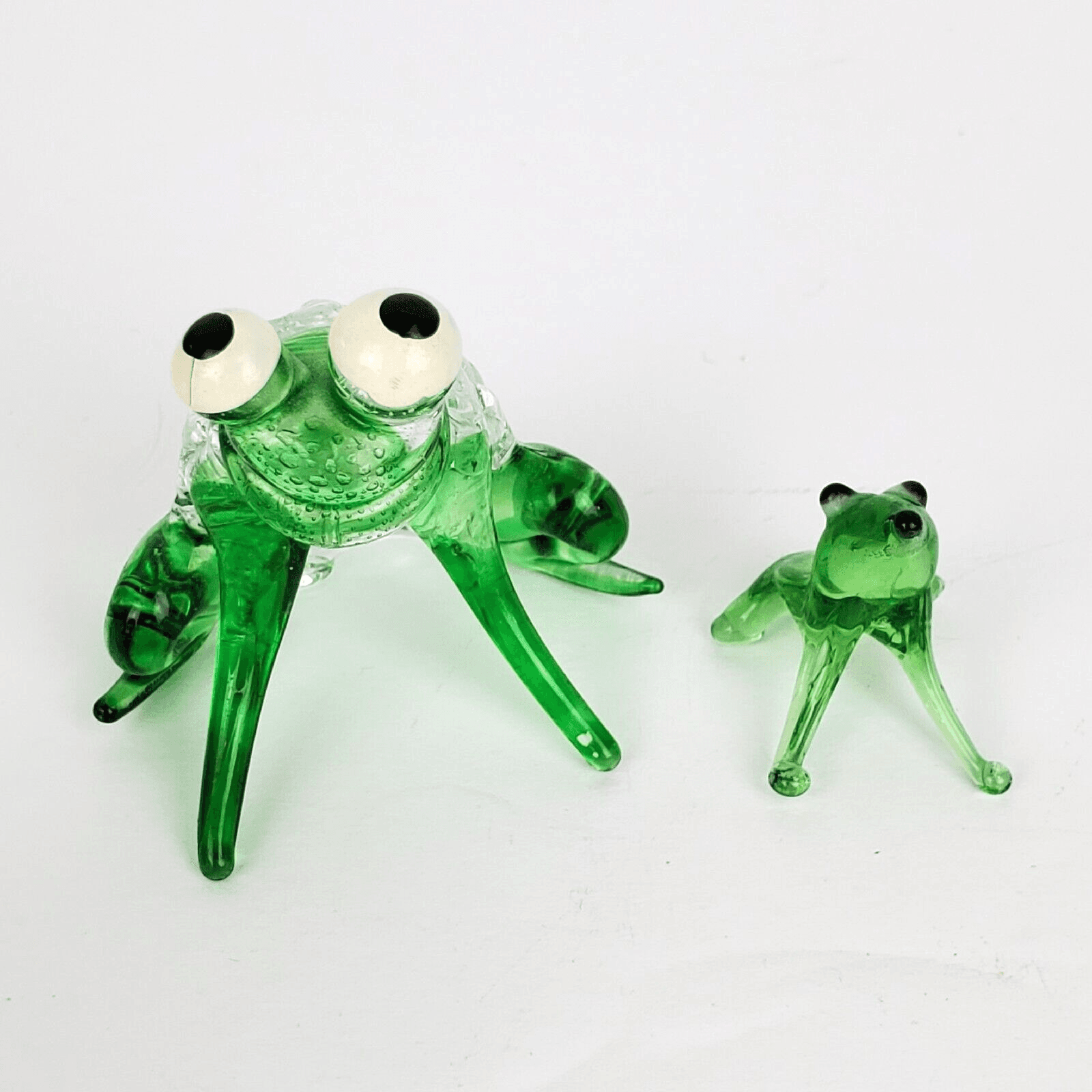 Hand Blown Art Glass Set of 2 Miniature Frog Figurine Clear Green Big Eyes