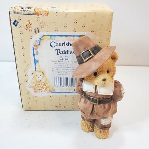 Vintage Cherished Teddies Jedediah Pilgrim Figure Thanksgiving Teddy Bear 1994