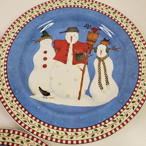 Sakura Debbie Mumm Salad Dessert Plates Snowman Christmas Holiday 8" Lot of 4 - Thumbnail 4