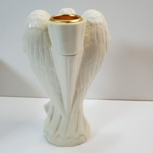 Vintage Hermitage Pottery 1999 Angel Taper Candle Holder White w/ Gold Trim - Thumbnail 3