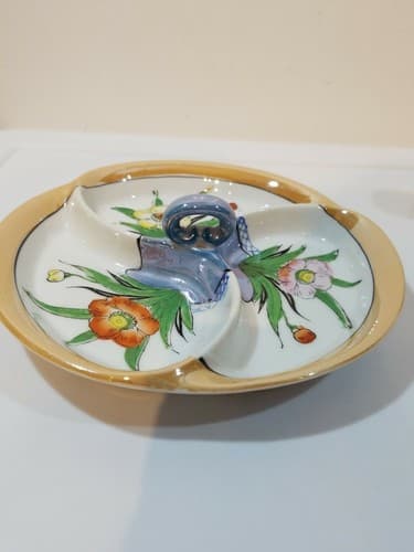 Vintage Lusterware divided dish hand painted flowers center handle made in Japan - Thumbnail 2
