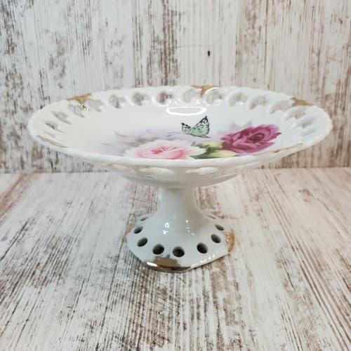 Vintage Elsie K Bruhn Club 1957 Pedestal Serving Tray Roses & Butterfly Floral