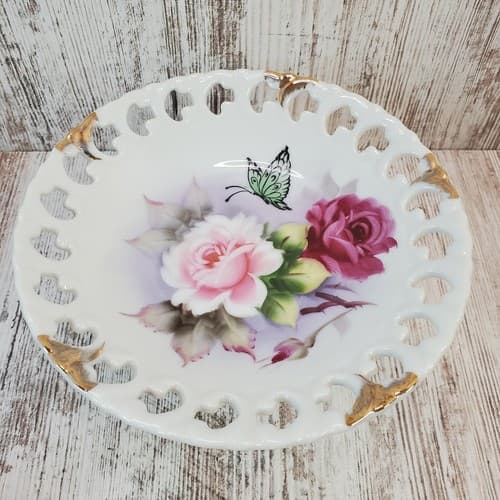 Vintage Elsie K Bruhn Club 1957 Pedestal Serving Tray Roses & Butterfly Floral - Thumbnail 2