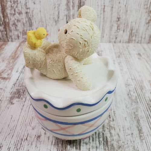 Vtg Houston Harvest Gift Easter Candy Ceramic Jar Dish With Bunny Rabbit & Chick - Thumbnail 4