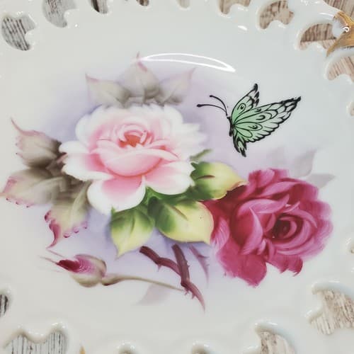 Vintage Elsie K Bruhn Club 1957 Pedestal Serving Tray Roses & Butterfly Floral - Thumbnail 3