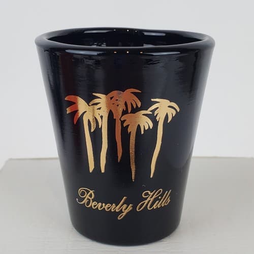 Vintage Beverly Hills Black Gold Palm Trees Souvenir Shot Glass Made in USA