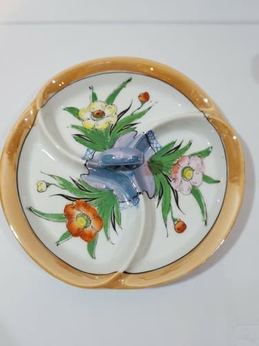 Vintage Lusterware divided dish hand painted flowers center handle made in Japan